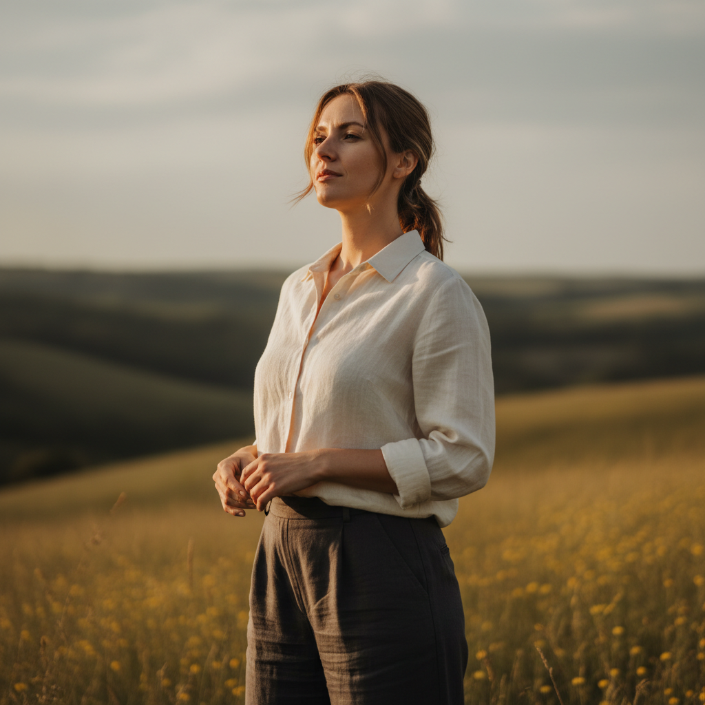 Woman with serene expression in natural light, empowered stance