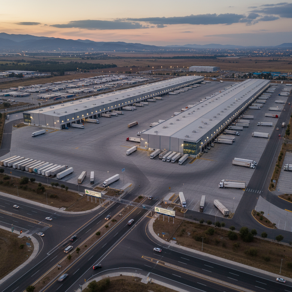 Aerial view of freight logistics hub, trucks and trailers in organized yard, night lighting