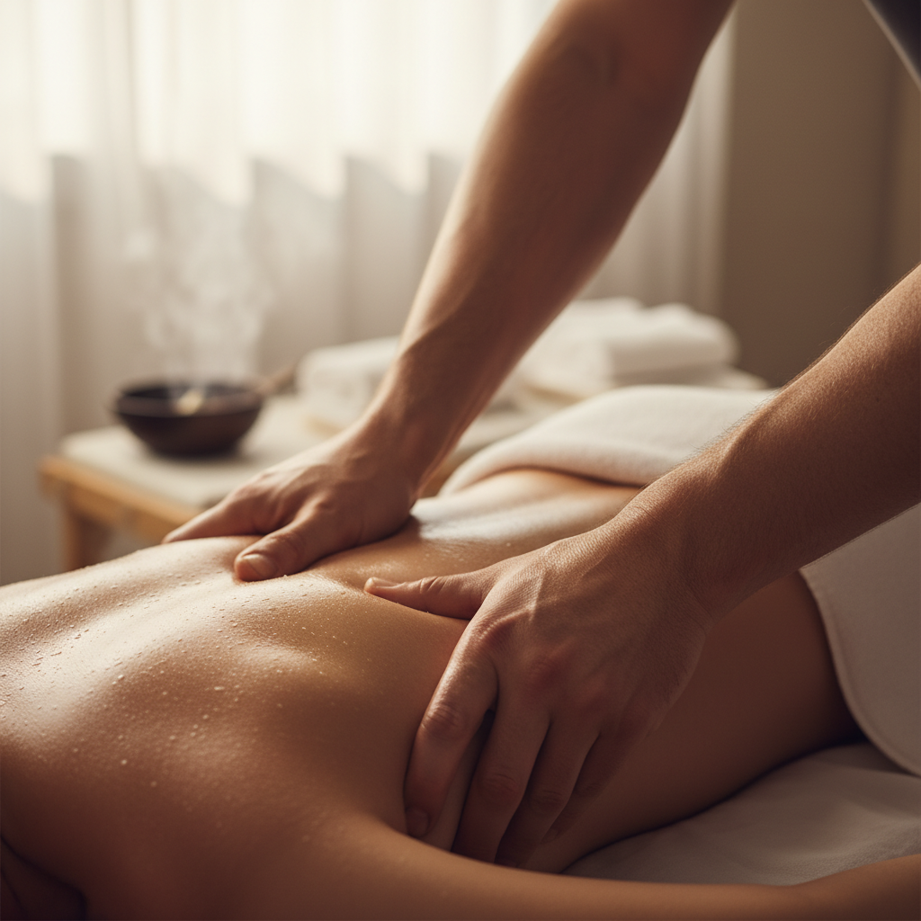 Deep tissue massage with firm pressure applied to back muscles in a spa setting