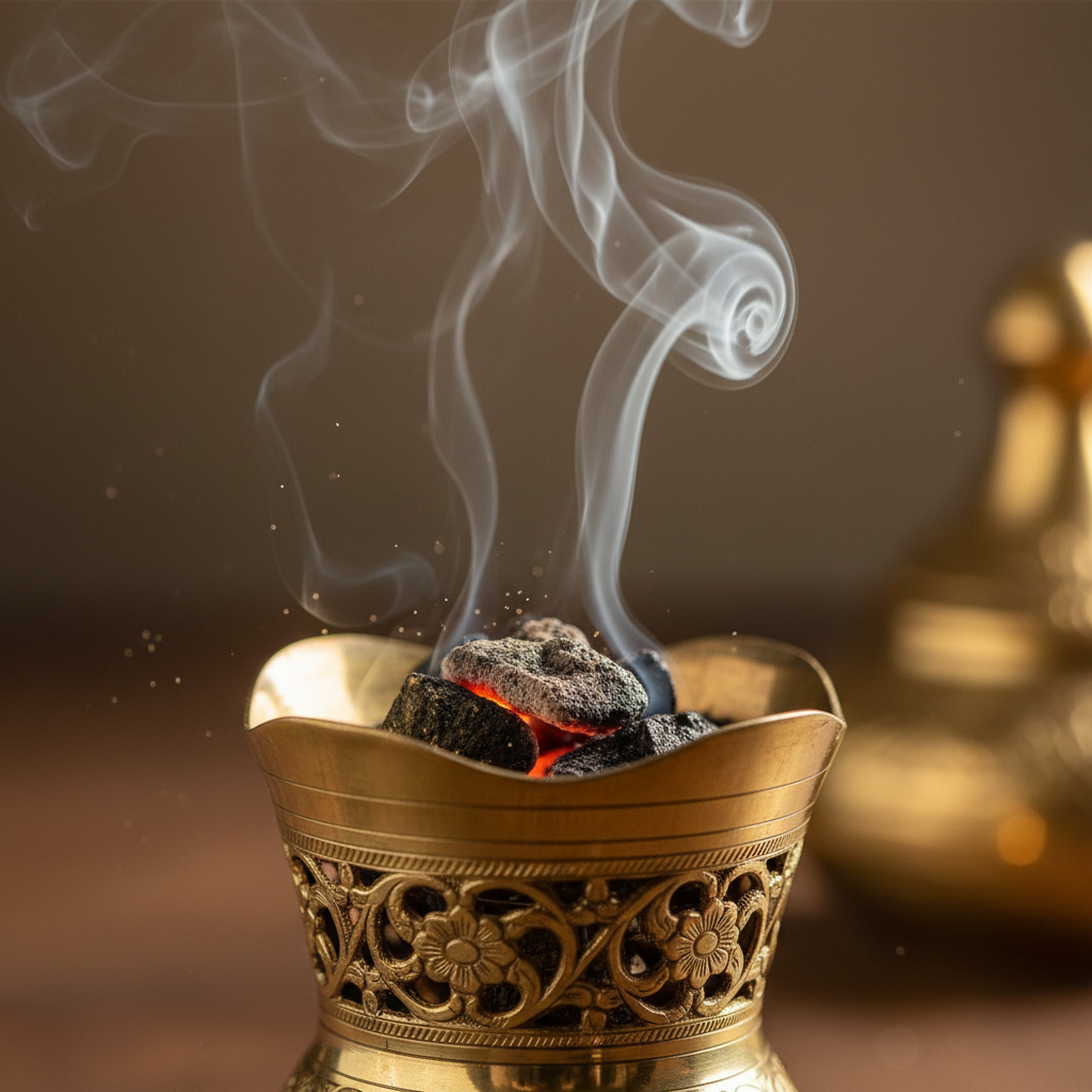 Ornate brass mabkhara incense burner with delicate smoke rising, warm golden tones