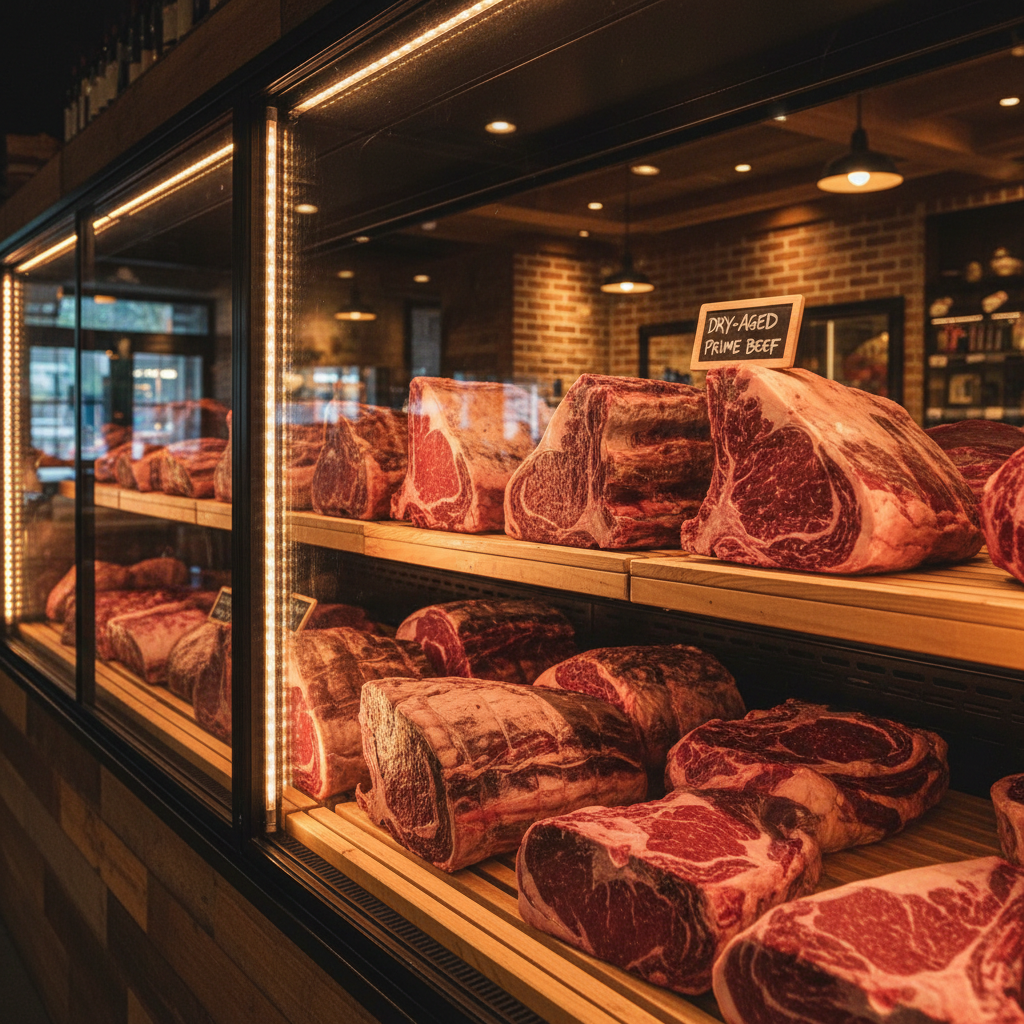 Dry-aged cuts behind glass case illuminated with warm amber light