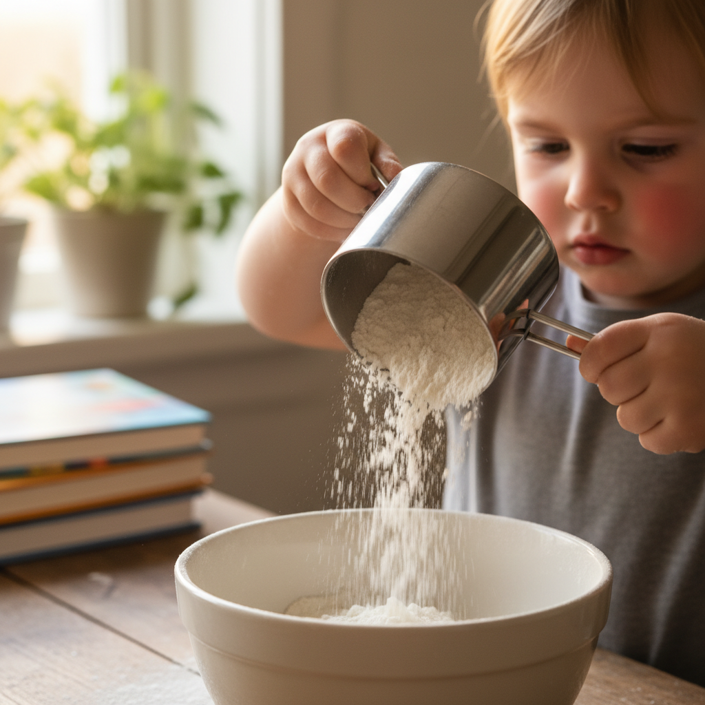 Child carefully measuring flour into a mixing bowl with a metal measuring cup