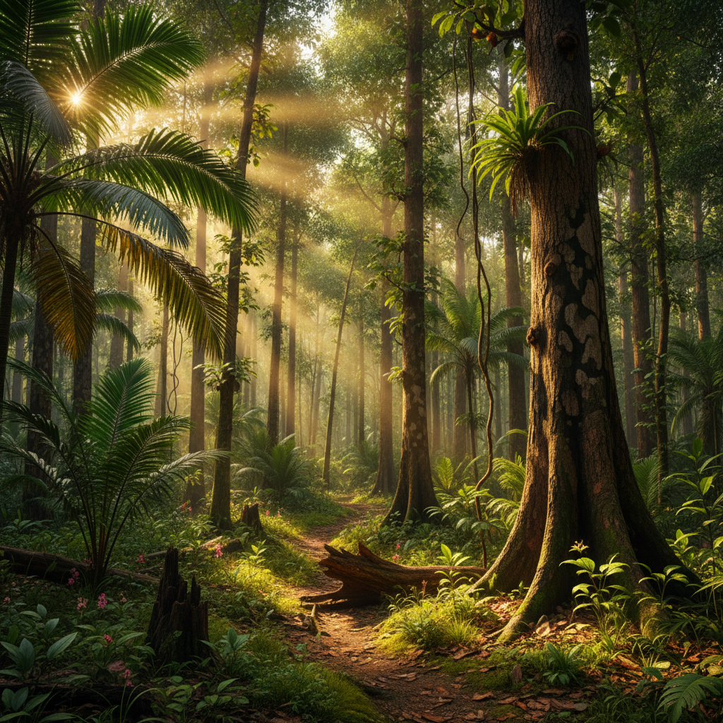 Lush tropical garden path at sunrise with ancient trees and dew-covered grass, soft golden morning light through dense canopy