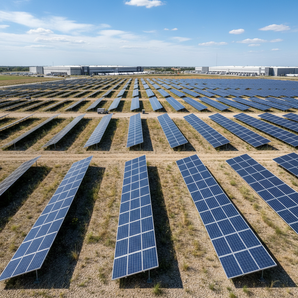 Large ground-mount solar array at logistics campus in Ohio, panels in rows across field