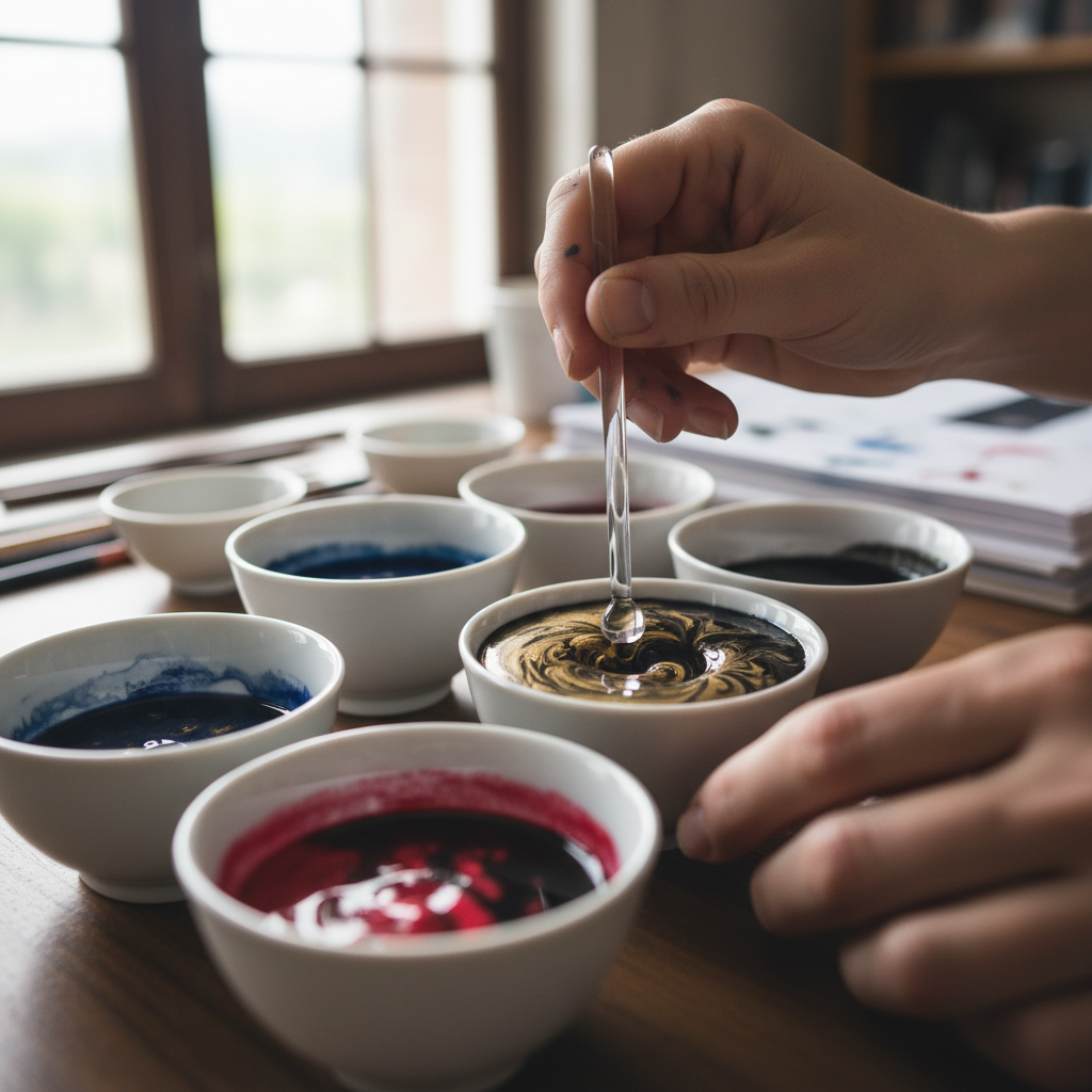Artist mixing ink in small cups under atelier studio lighting