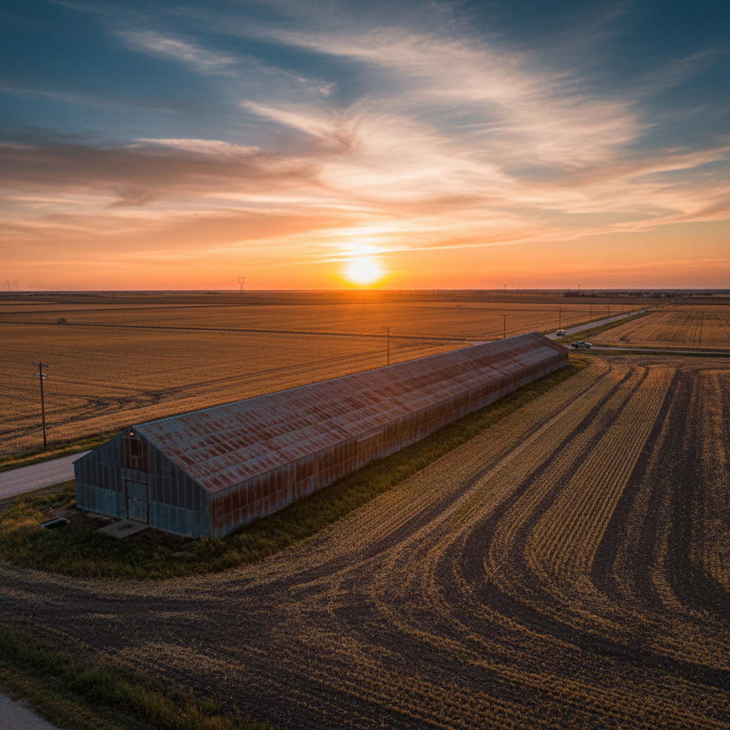 Long low grain storage building sitting against a wide Kansas prairie sky at golden hour, surrounded by harvested wheat fields