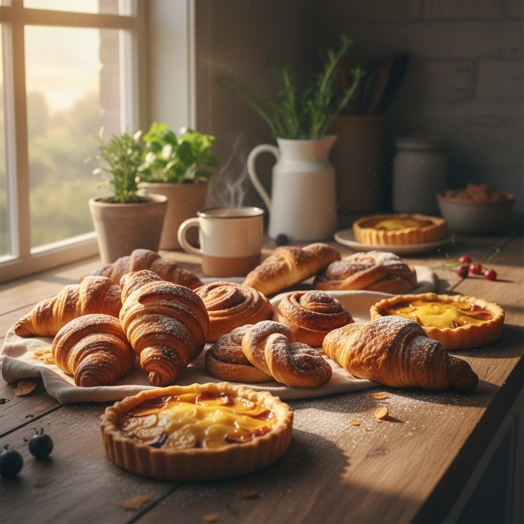 Assorted artisan pastries and bread on wooden bakery table, golden morning light, warm tones