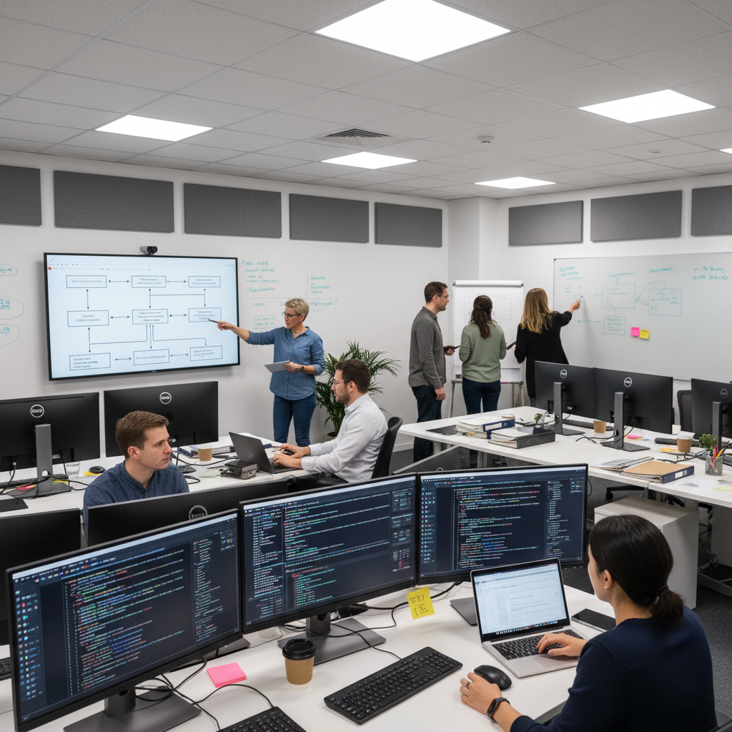 Software development team collaborating in modern tech office