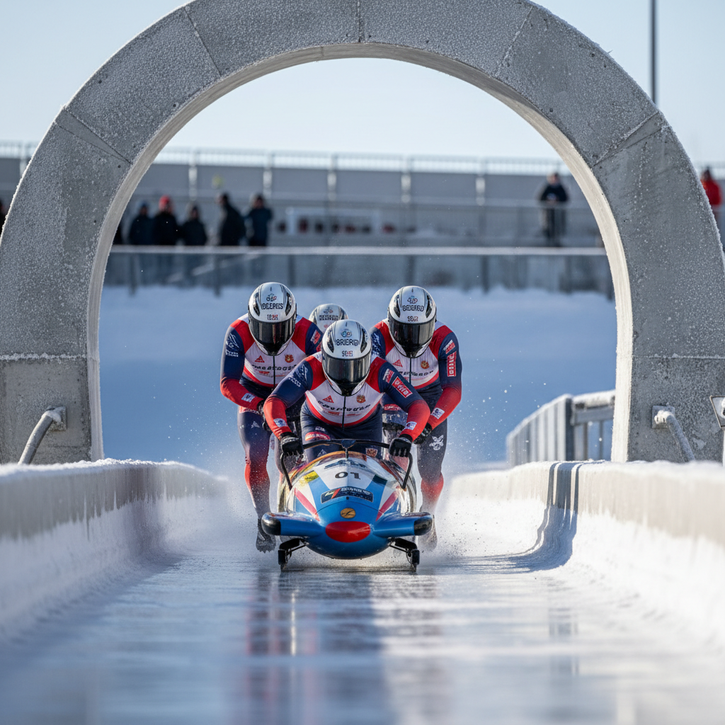 Bobsled crew in full gear launching from the start house, sled dropping into the iced concrete chute