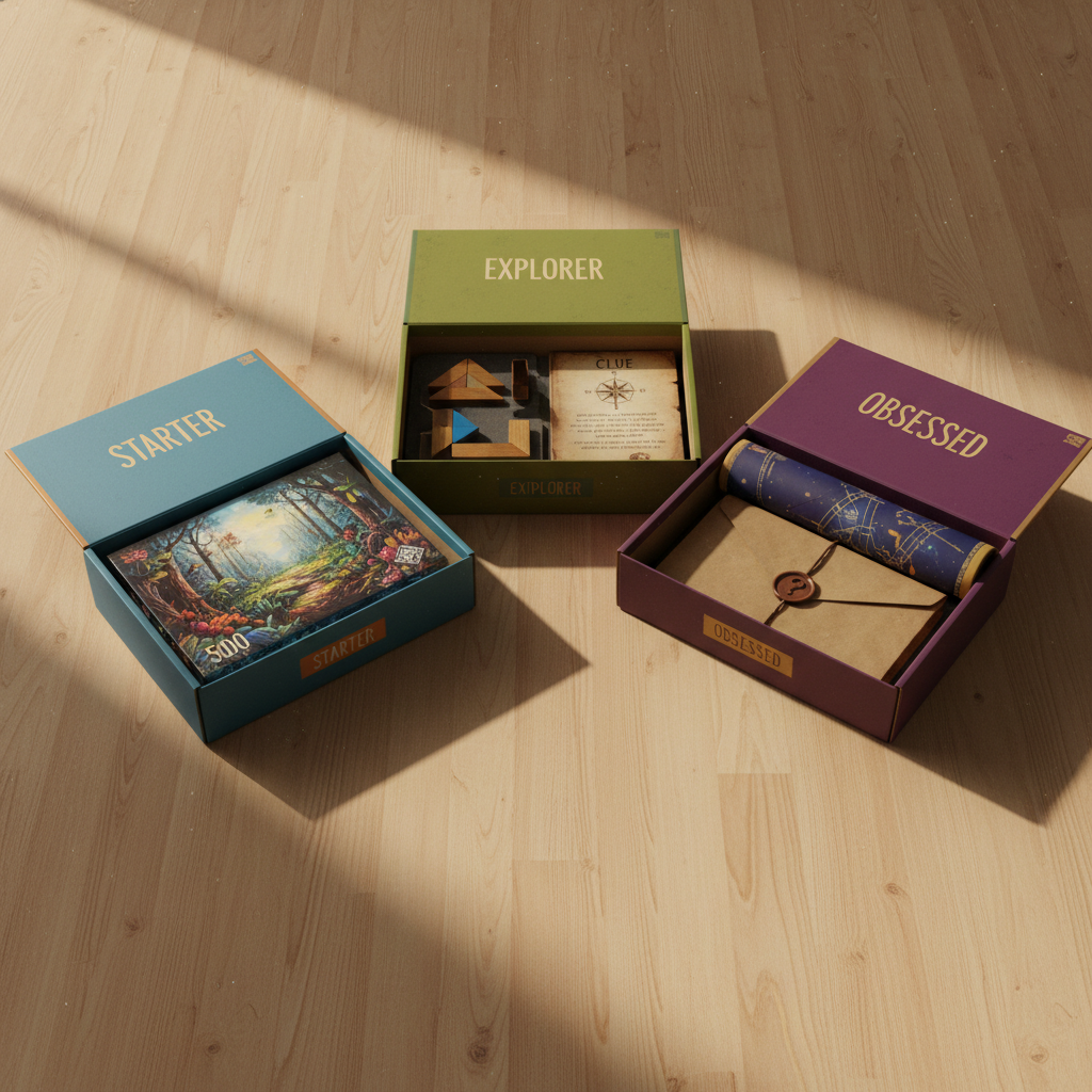 Three Piece subscription boxes fanned open on a maple tabletop β Starter with 500-piece jigsaw, Explorer with wooden tangram and clue booklet, Obsessed overflowing with panoramic puzzle and mystery envelope
