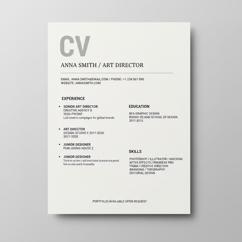 Single page editorial CV layout for an art director with clean typography and intentional whitespace