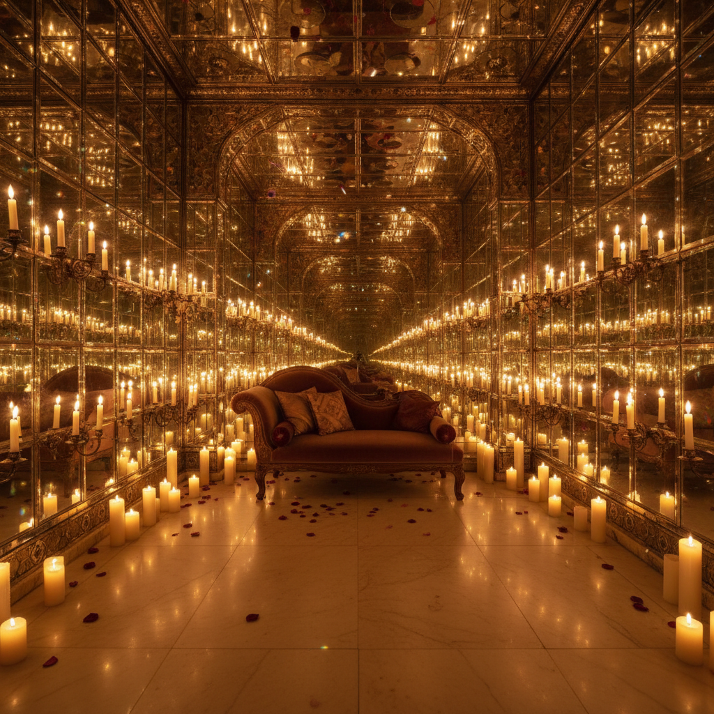 Intimate mirror palace chamber with thousands of tiny mirrors reflecting candlelight, creating a magical infinite-light effect for a small wedding