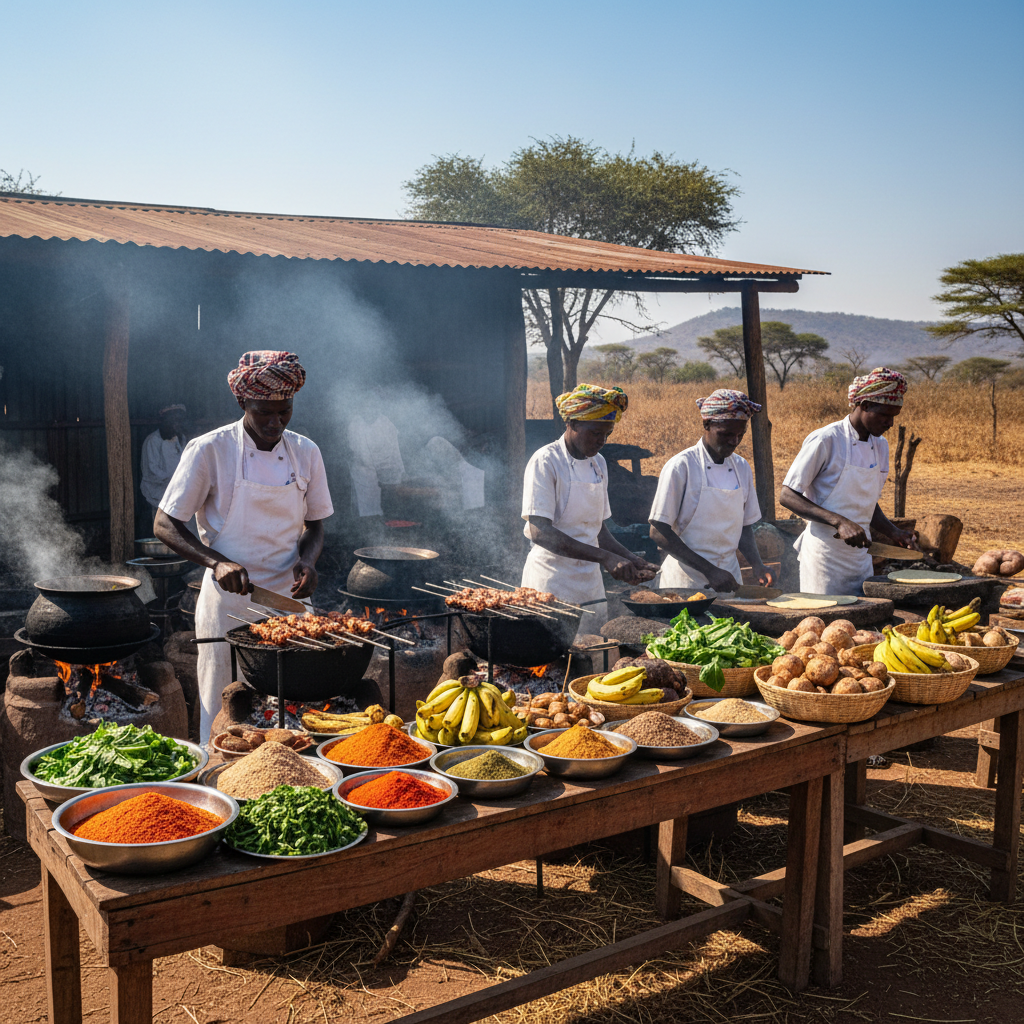 Busy open-air kitchen with chefs preparing traditional East African food