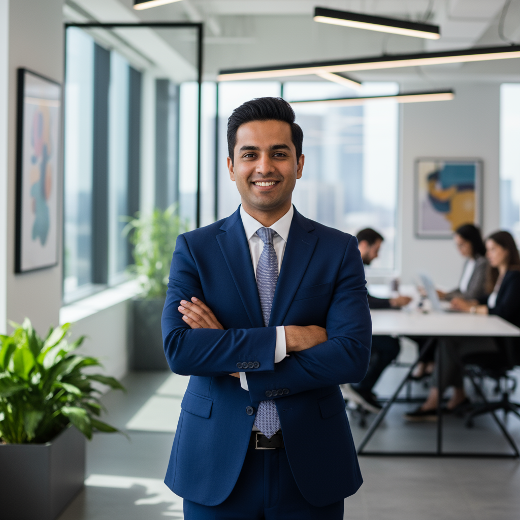 Professional Indian man in business attire smiling confidently in modern office setting