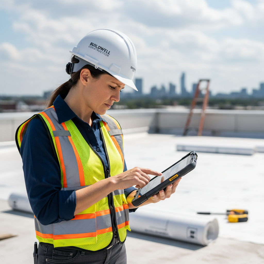 Female field superintendent in hard hat reviewing roof membrane repair documentation on a tablet