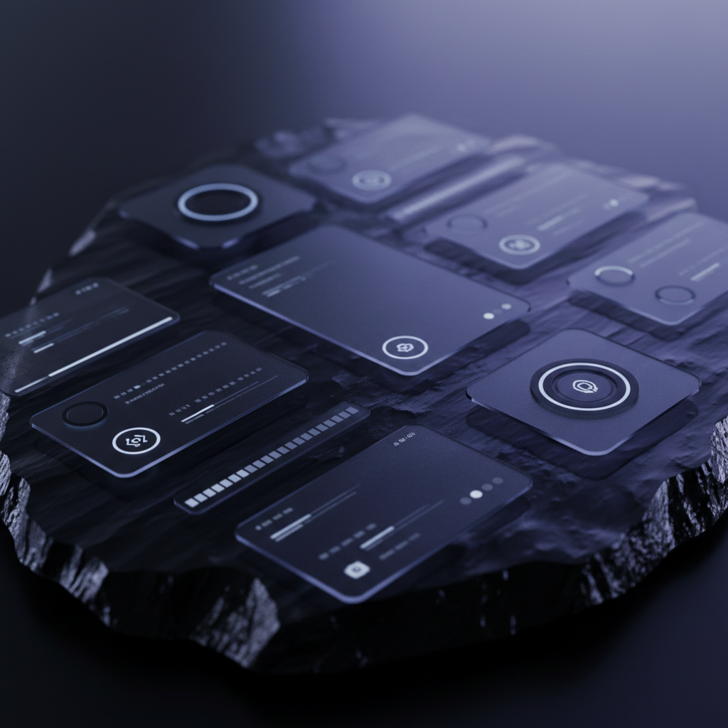 Dark mode design interface with glowing neon accents on deep black background, minimal UI components visible