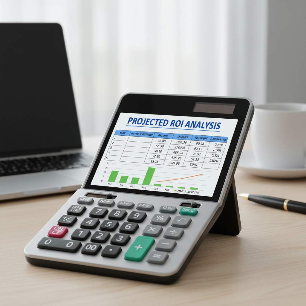 Financial analysis dashboard showing ROI calculations and cost savings metrics
