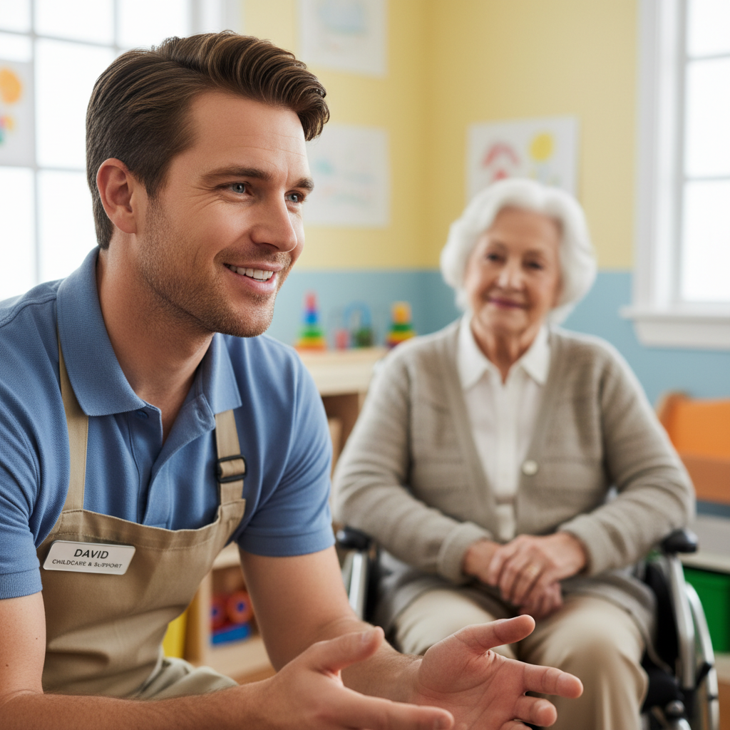 Male daycare specialist smiling with elderly patient in background