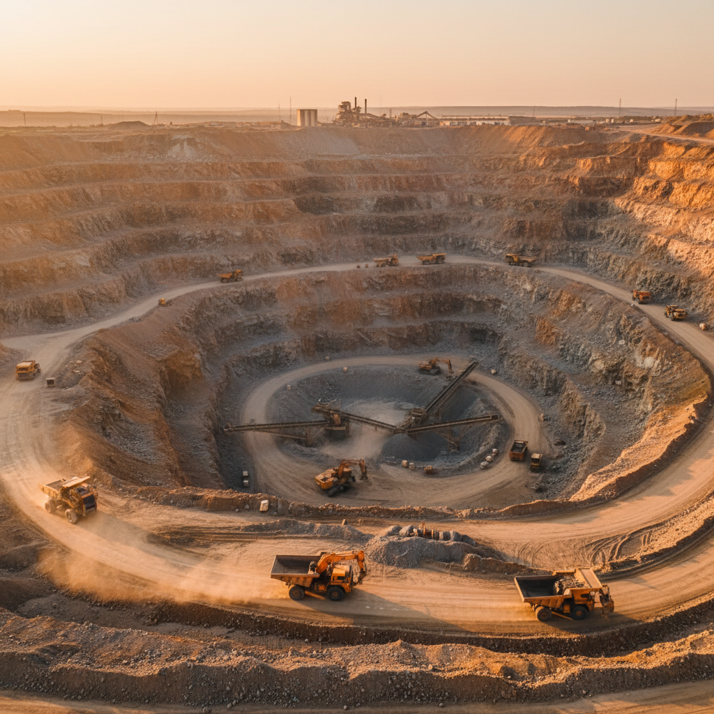 Open-pit quarry mining operation with heavy machinery at dawn