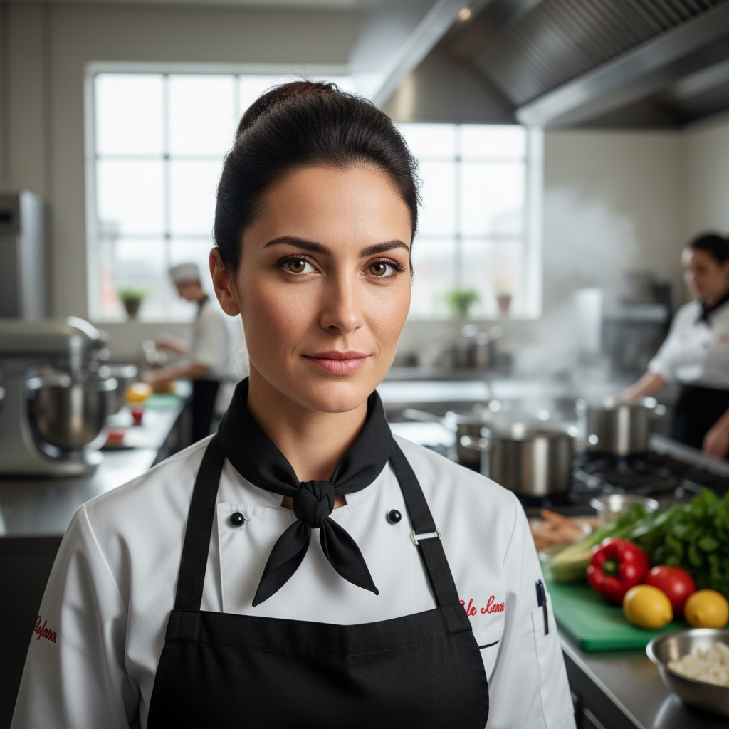 Founder portrait — professional chef in elegant attire in a softly lit kitchen environment