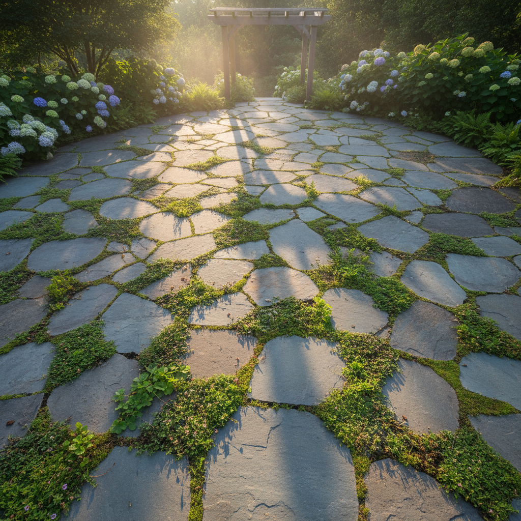Overhead view of bluestone terrace with ground cover plantings between stones