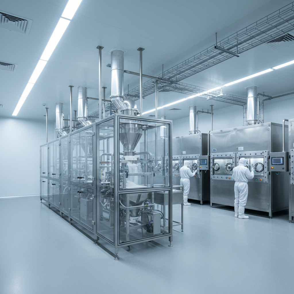 Sterile pharmaceutical manufacturing facility with Annex 1 compliant isolator environments and aseptic processing equipment
