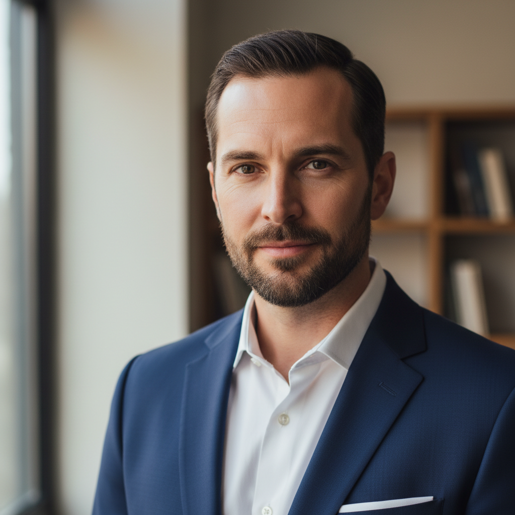 Professional CPA partner headshot, man in suit with confident expression