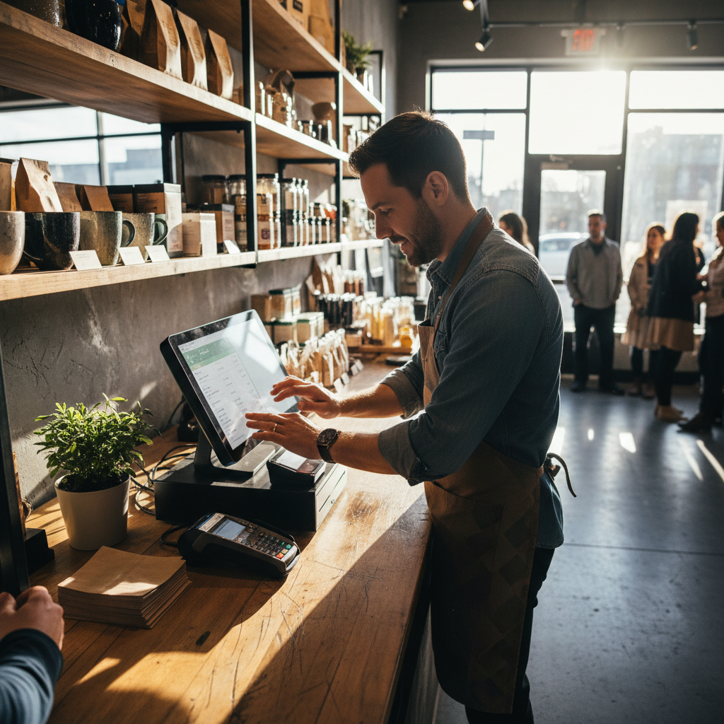 Shopkeeper using POS system at retail counter in Mardan KPK