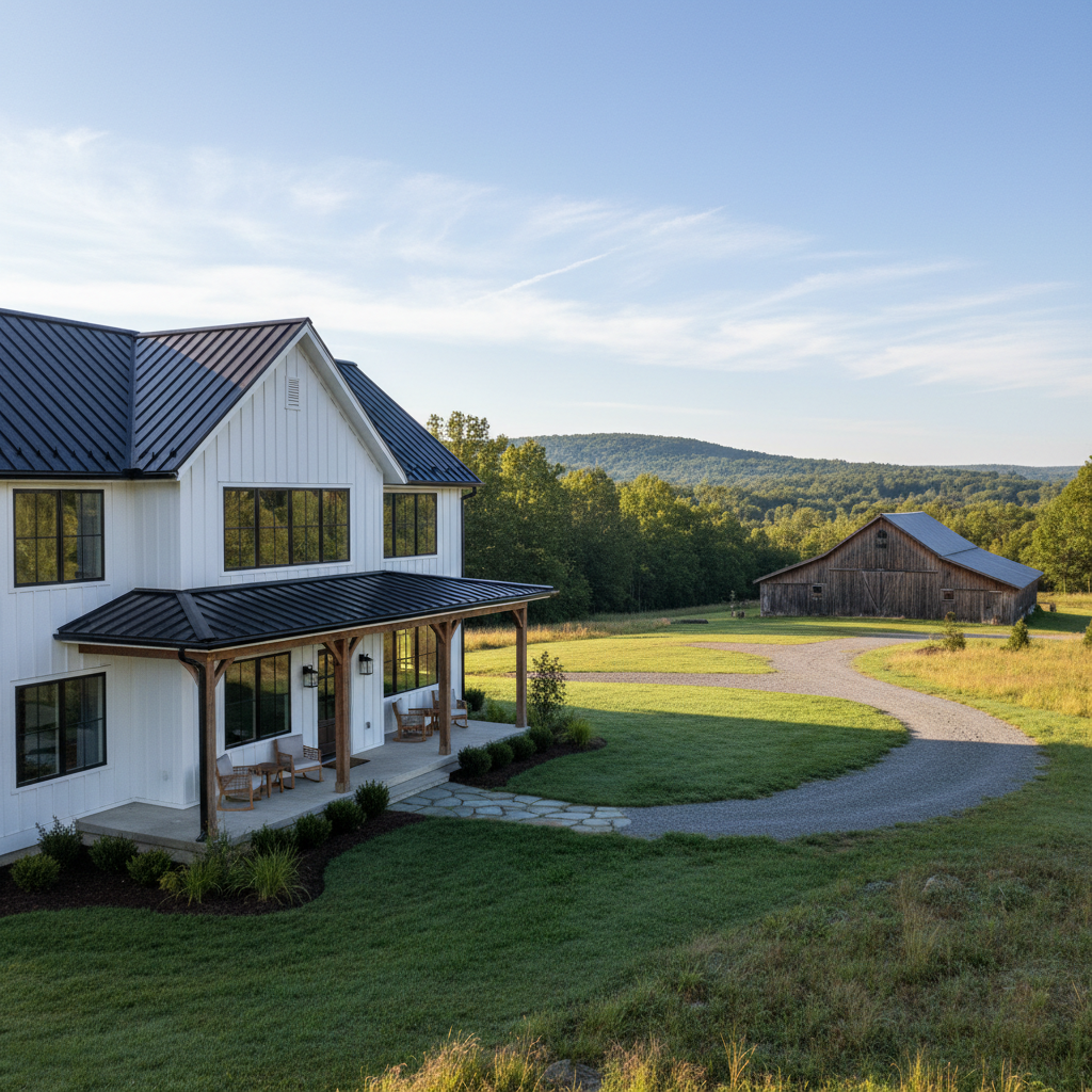 Modern farmhouse with black window frames and white board and batten siding