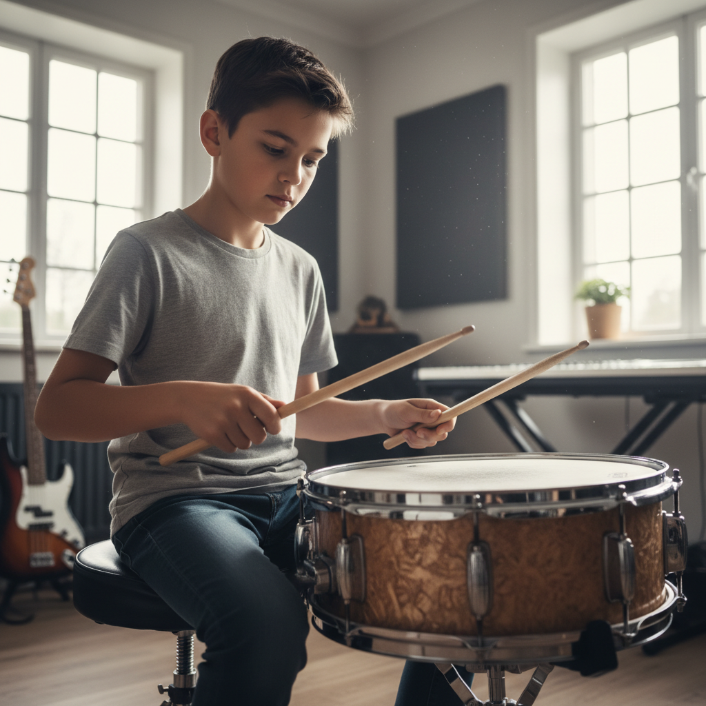 Close-up of small child hands on snare drum with drumsticks