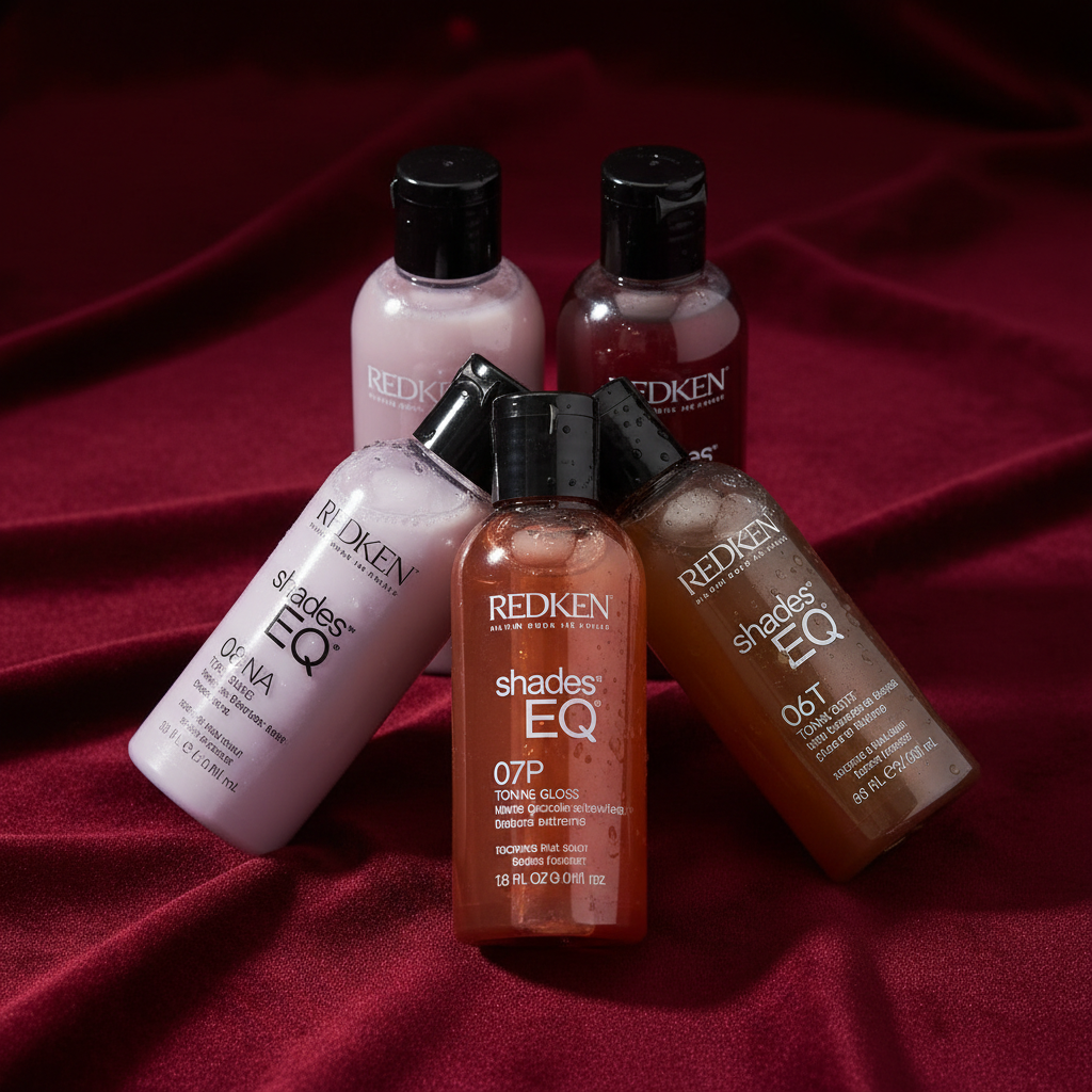 Redken Shades EQ toning gloss bottles arranged on a dark velvet surface