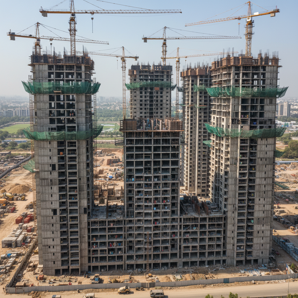 Torre residencial de concreto armado en construcción con grúa torre visible