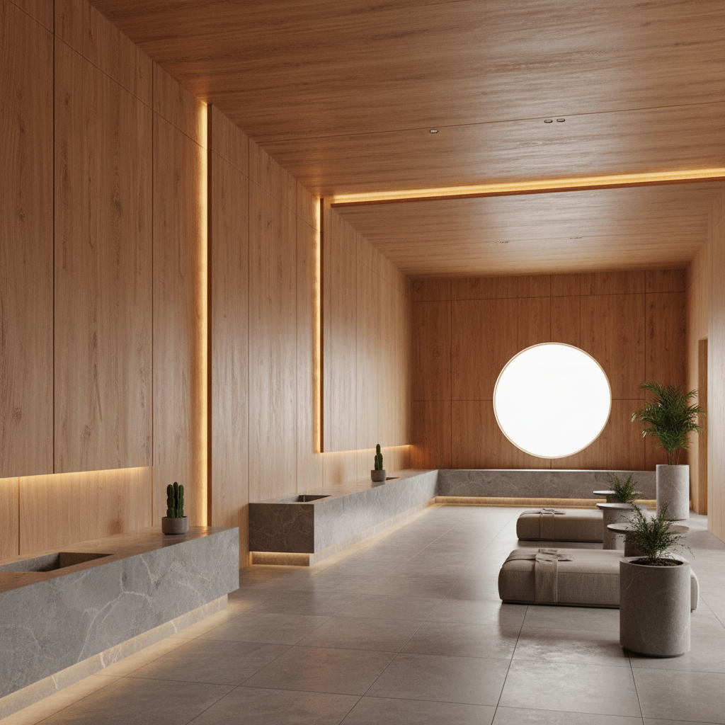 Serene Japanese-influenced interior with natural stone textures, warm ambient lighting, and clean geometric lines