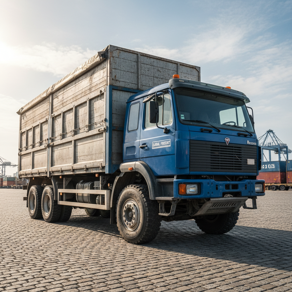 Large commercial box truck parked on a paved lot in daylight