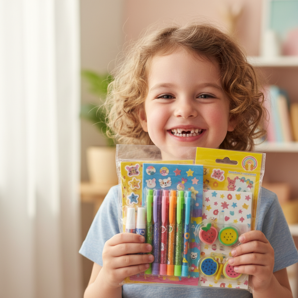 Child holding colorful stationery pack with a huge smile