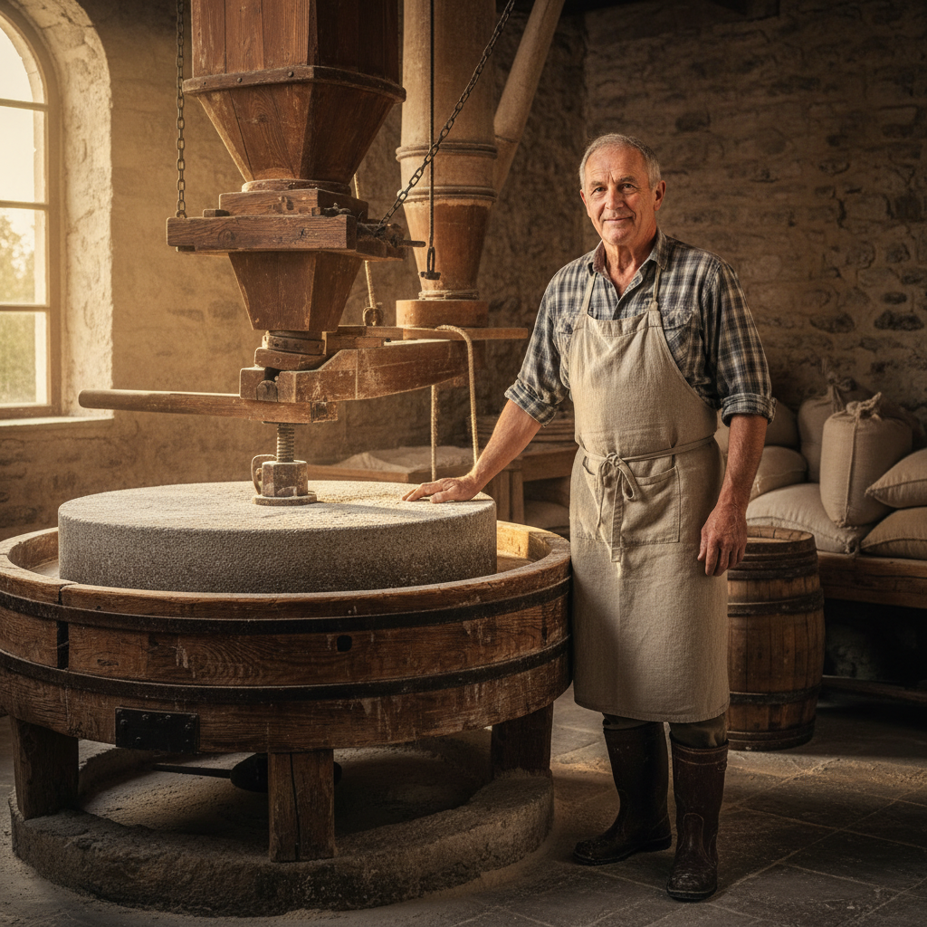 French artisan miller man in his 60s standing beside stone grinding wheel in traditional mill, golden afternoon light