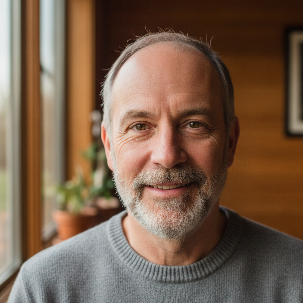 Man in 50s, open expression, caught between composure and candor