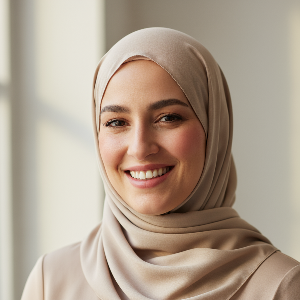 Professional woman with head covering smiling confidently