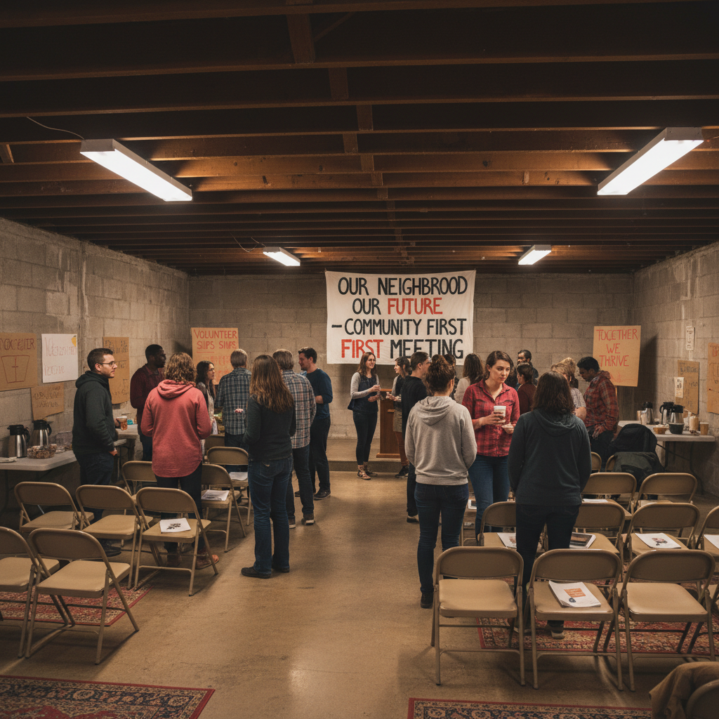 Group of people gathered in a church basement for the first community meeting, folding chairs and handmade signs visible