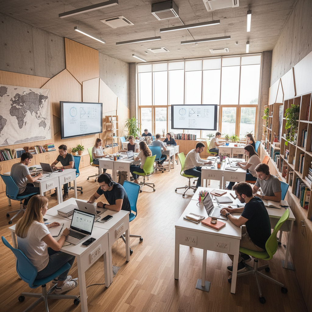 Young graphic design student working on computer in modern classroom, bright learning environment