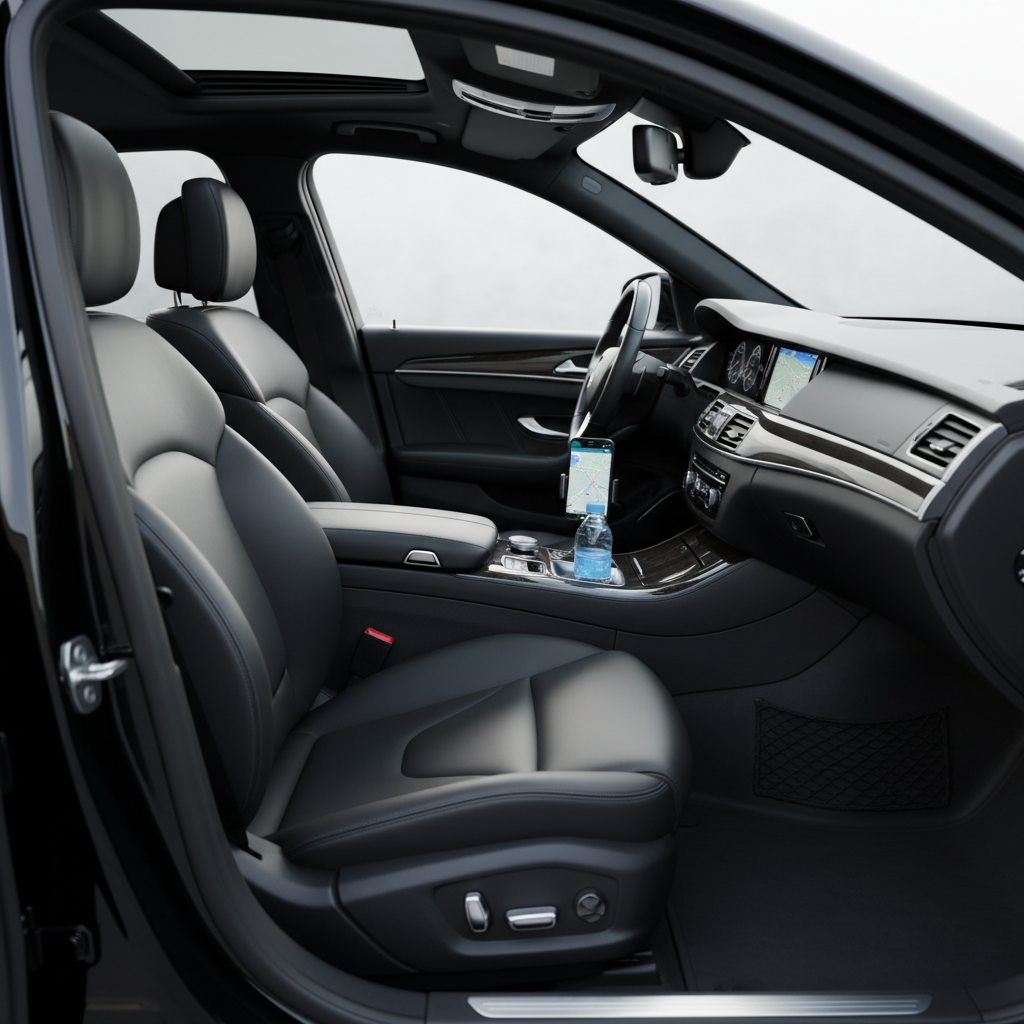 Pristine car interior with perfectly cleaned seats and polished surfaces, warm ambient light