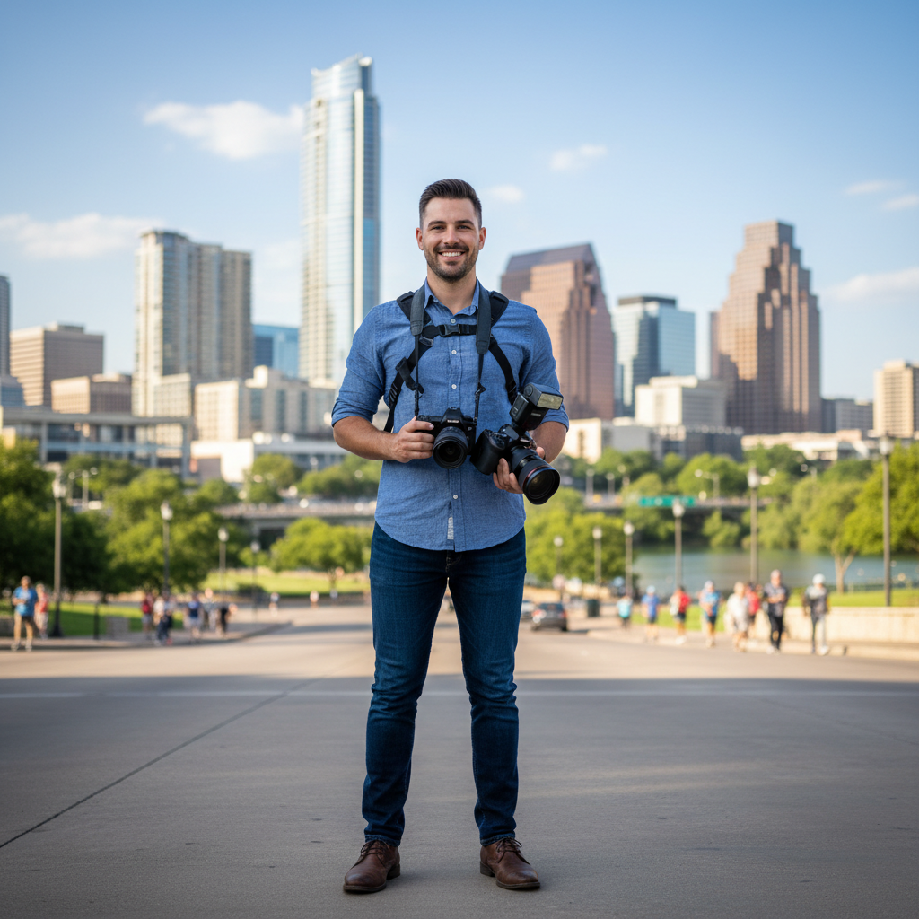 Marcus Webb, wedding photographer from Austin Texas, smiling confidently