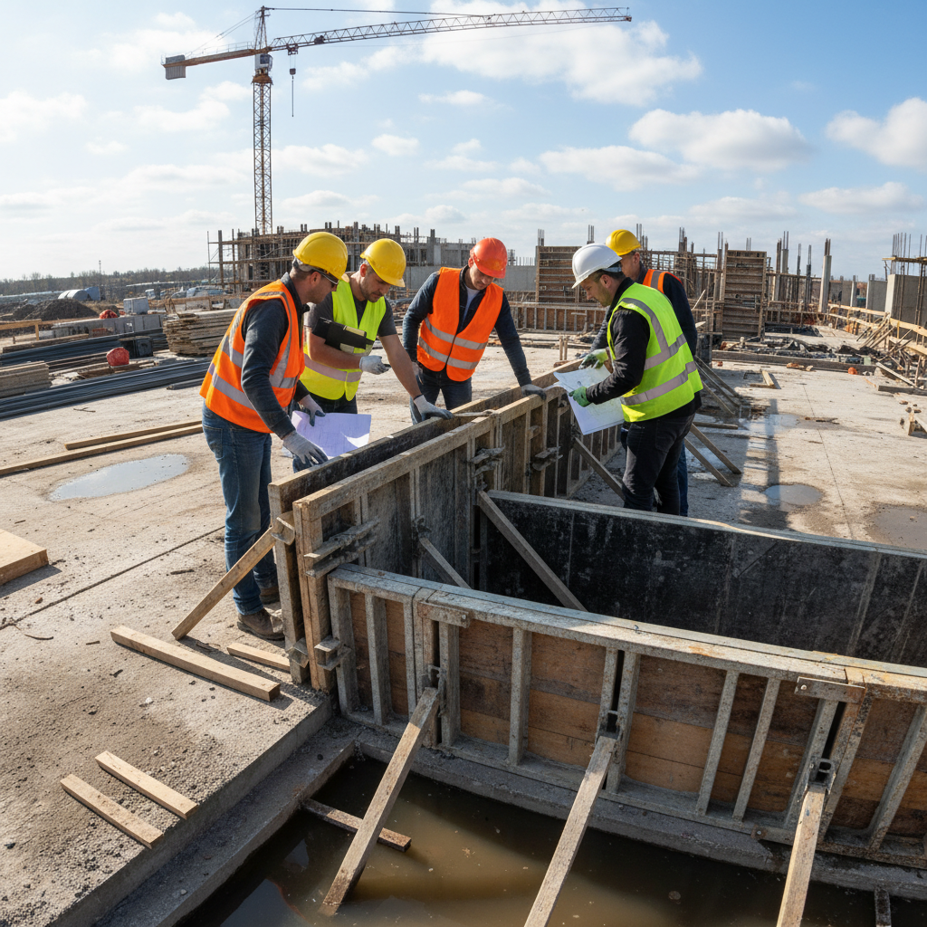 Site team discussing shuttering alignment problem