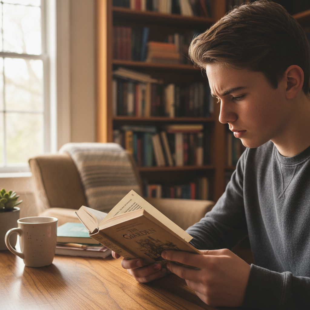 Teenager reading an English novel in a well-lit study room