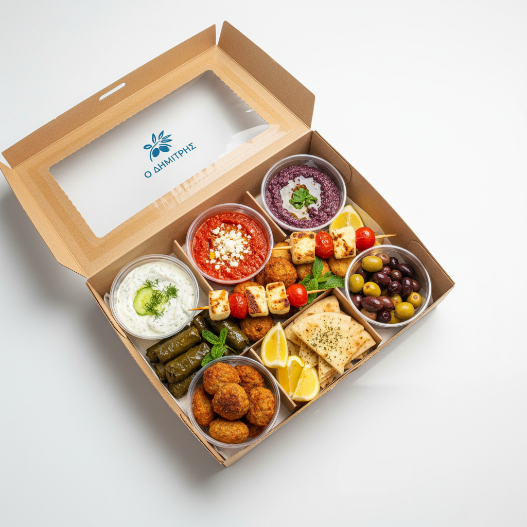 Overhead view of seventeen small meze dishes arranged on a copper tray touching edges