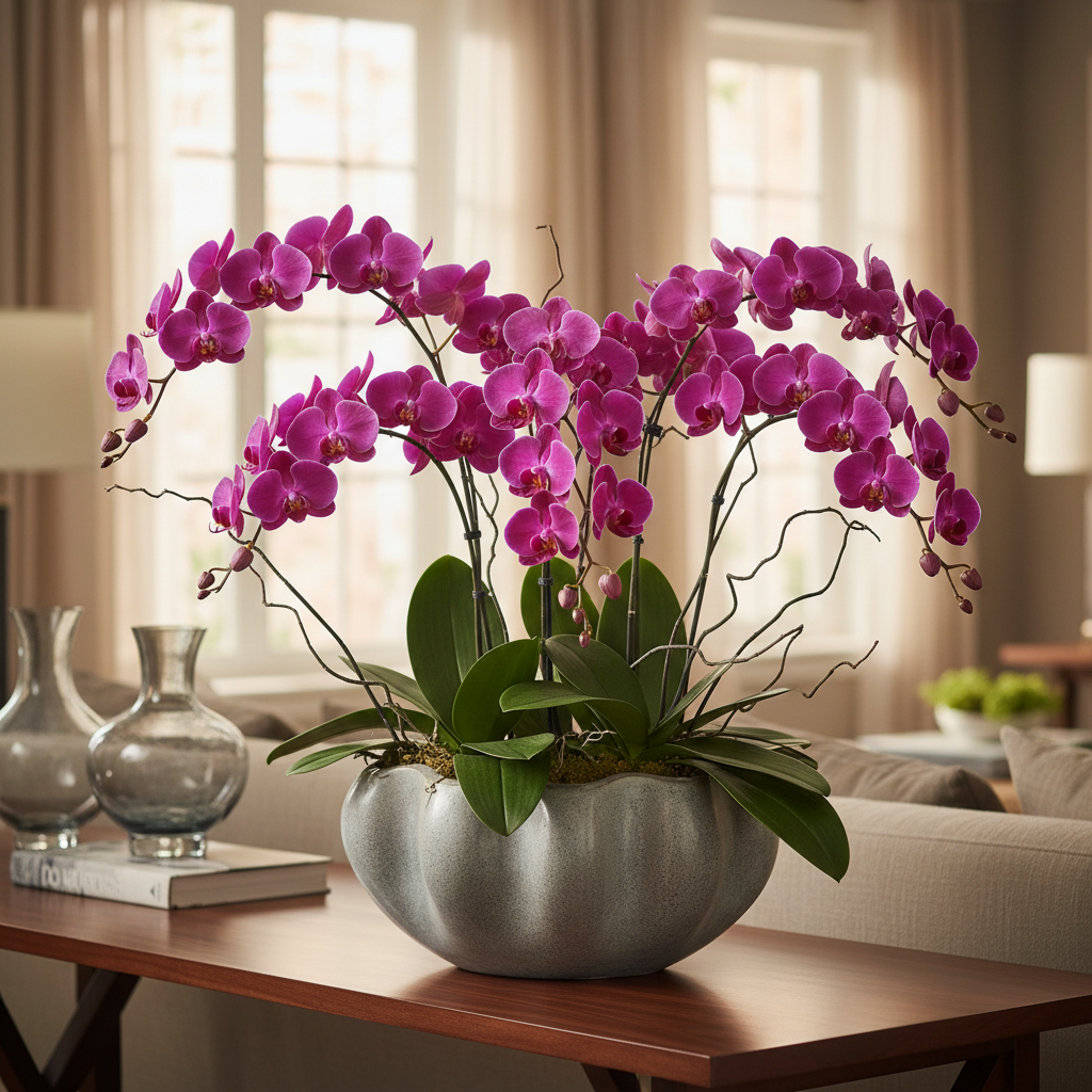 Stunning purple dendrobium orchids in an elegant modern arrangement