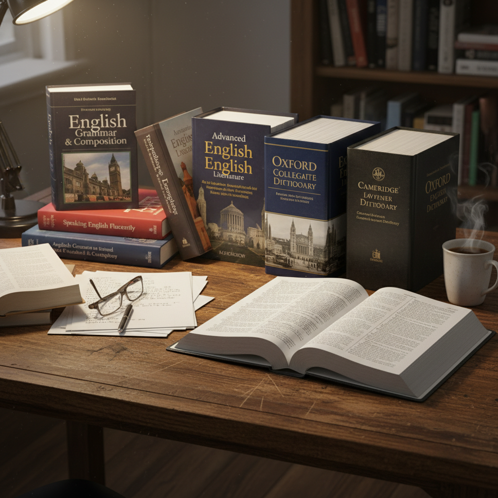 English grammar book open on study desk