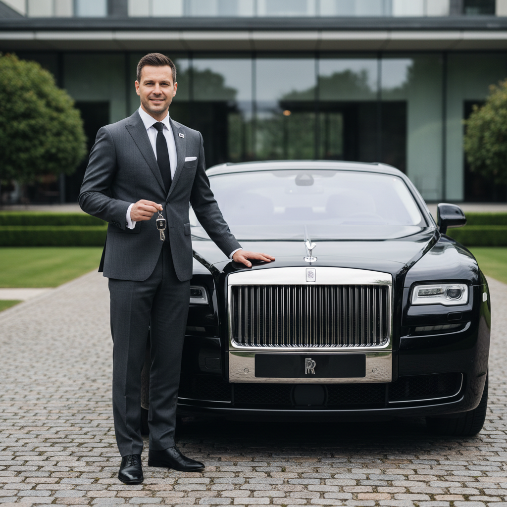 Professional African American chauffeur in black suit and cap standing beside luxury sedan with confident posture