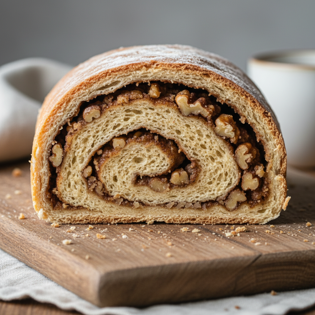 Sliced walnut roll bread showing spiral walnut filling on a wooden board