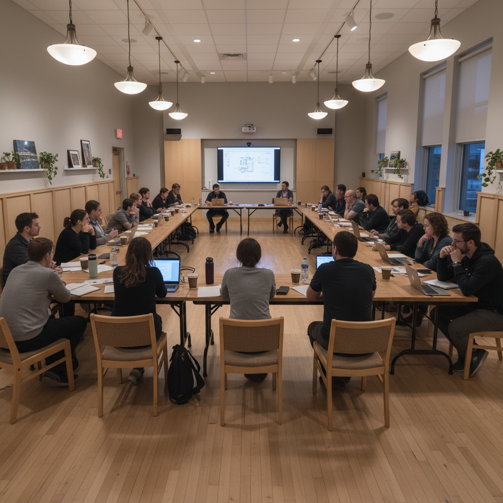 People gathered in a community space for a workshop, subdued indoor lighting, neutral walls and wooden surfaces